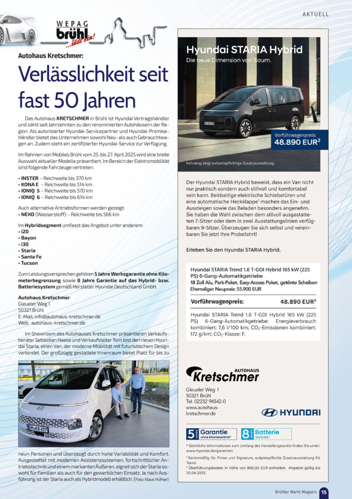 Artikel Brühler Markt Magazin "Autohaus Kretschmer: Verlässlichkeit seit 50 Jahren"